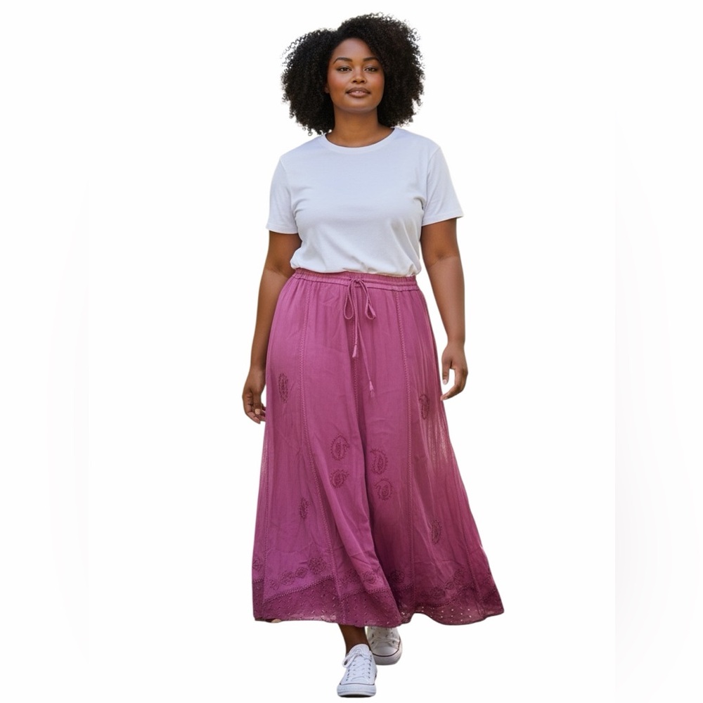 Kaaku Pink Maxi Skirt Crinkle Fabric Drawstring Waist Embroidered Boho Cottage